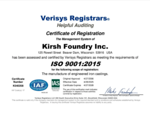 Kirsh Foundry got re-certification for ISO 9001.