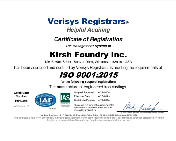 Kirsh Foundry got re-certification for ISO 9001.